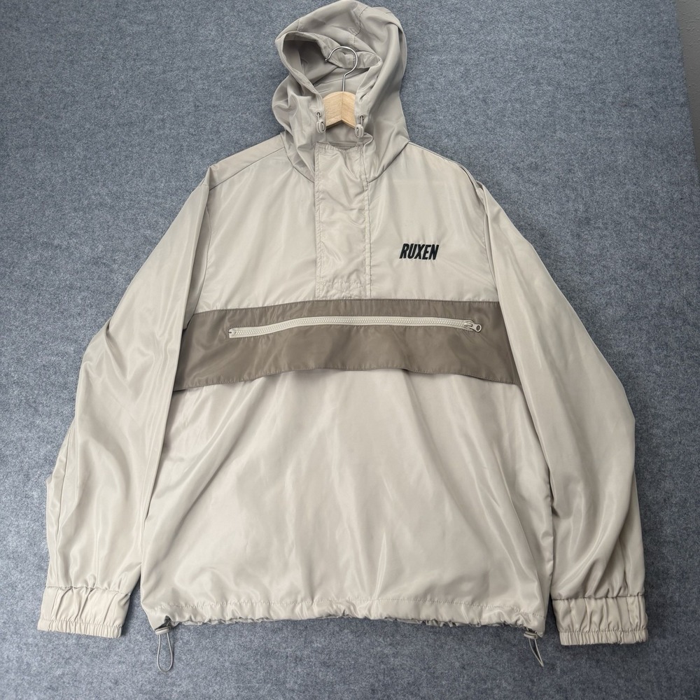 RUXEN Mens M Beige Gray Windbreaker Jacket Hooded Anorak Packable Embroidered